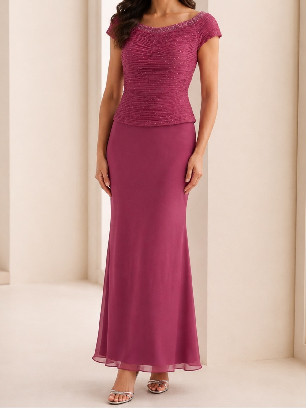 Montage by Mon Cheri Magenta Pink Ruched Beaded Chiffon Mother of the Bride Gown